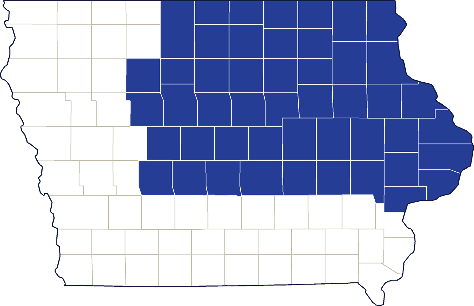 Map of Iowa highlighting the counties Heritage Mutual serves
